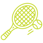 Neon green tennis racket and ball icon with motion lines